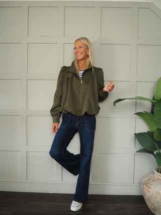 Paris Bubble Hem Swing Jacket with Funnel Neck - Khaki, Navy Blue