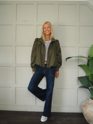 Paris Bubble Hem Swing Jacket with Funnel Neck - Khaki, Navy Blue