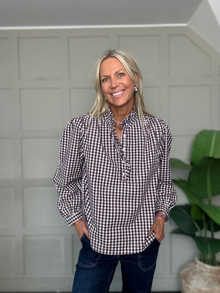 Braemar Blouse with Ruffle Details by Luella - Plum/White Gingham