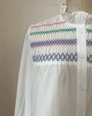 Matilda Blouse with Smocking Detail and Ruffle Collar - White