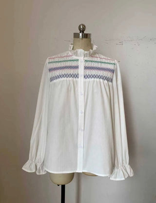 Matilda Blouse with Smocking Detail and Ruffle Collar - White