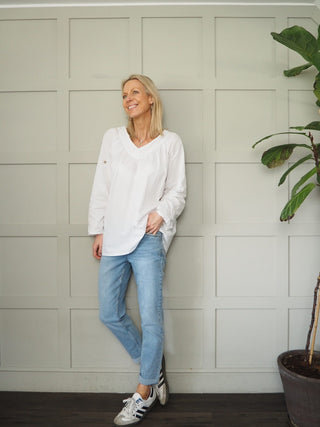 Rollo Tunic Style Long Sleeve Blouse with V Neck &amp; Broderie Anglaise Detail - Denim Blue, Khaki, White