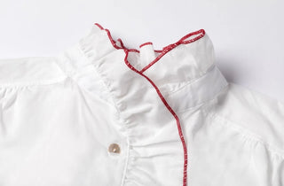 Holly Blouse with Ruffle Detail with Embroidered Trim  and Ruffle Collar - White/Red