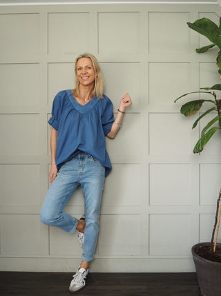 Rollo Tunic Style Long Sleeve Blouse with V Neck &amp; Broderie Anglaise Detail - Denim Blue, Khaki, White