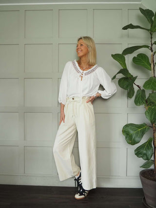 Hattie Wide Leg Trousers with Front Pleating Detail &amp; Pockets - Ecru, Khaki