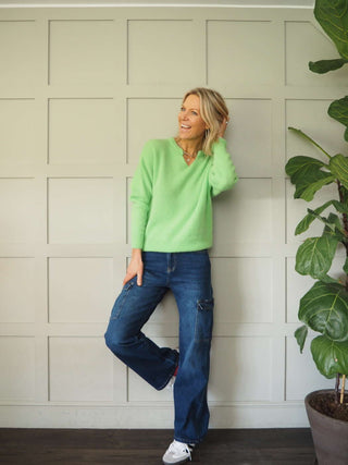 Benza V-Neck, Soft Knit Jumper - Khaki and Yellow