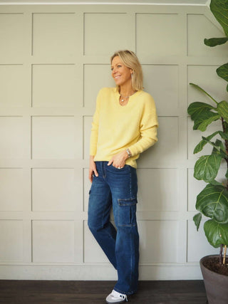 Benza V-Neck, Soft Knit Jumper - Khaki and Yellow