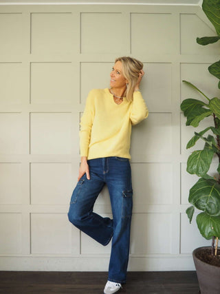 Benza V-Neck, Soft Knit Jumper - Khaki and Yellow