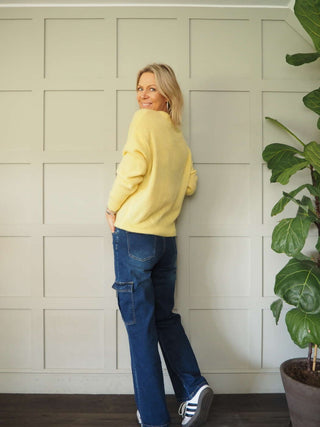 Benza V-Neck, Soft Knit Jumper - Khaki and Yellow