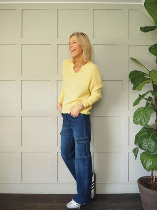 Benza V-Neck, Soft Knit Jumper - Khaki and Yellow