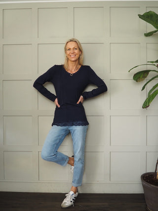 Frances Long Sleeve Long Line Top with Lace Detail - Black, Navy Blue, White