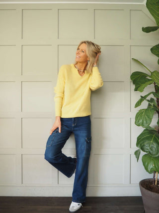 Benza V-Neck, Soft Knit Jumper - Khaki and Yellow