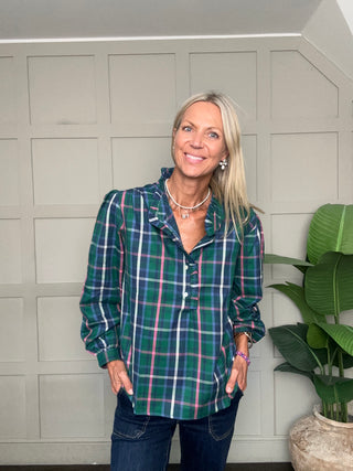 Beauly Blouse with Ruffle Details by Luella - Green/Pink Tartan