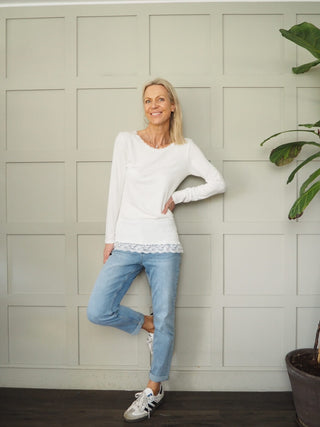 Frances Long Sleeve Long Line Top with Lace Detail - Black, Navy Blue, White