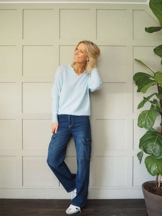 Benza V-Neck, Soft Knit Jumper - Khaki and Yellow