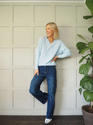 Benza V-Neck, Soft Knit Jumper - Khaki and Yellow