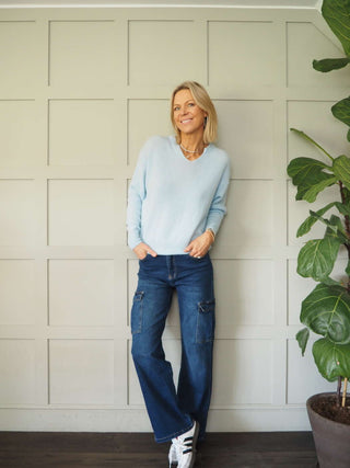 Benza V-Neck, Soft Knit Jumper - Khaki and Yellow