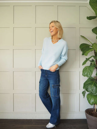 Benza V-Neck, Soft Knit Jumper - Khaki and Yellow