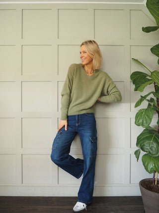 Benza V-Neck, Soft Knit Jumper - Khaki and Yellow