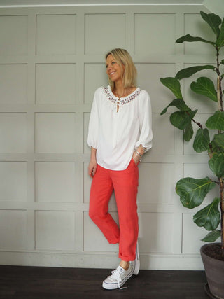 Lynette Linen Trousers with Side Pockets - Coral, Grey, Navy Blue, Sand
