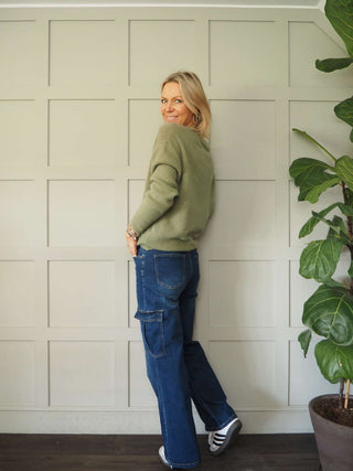 Benza V-Neck, Soft Knit Jumper - Khaki and Yellow