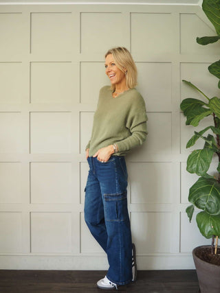 Benza V-Neck, Soft Knit Jumper - Khaki and Yellow