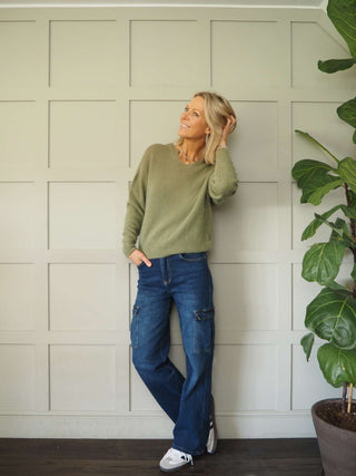 Benza V-Neck, Soft Knit Jumper - Khaki and Yellow