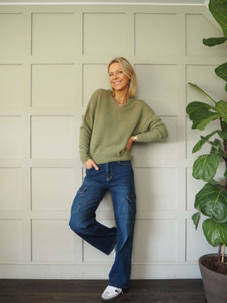 Benza V-Neck, Soft Knit Jumper - Khaki and Yellow