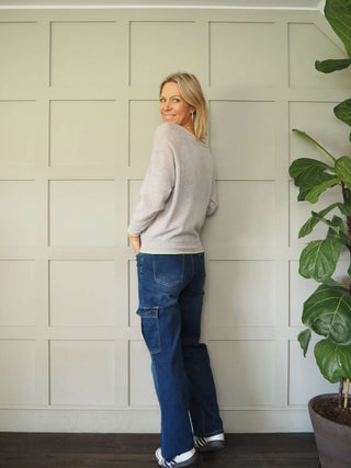 Diya Neon Trim Cashmere Mix Jumper - Bright Pink and Lime Green