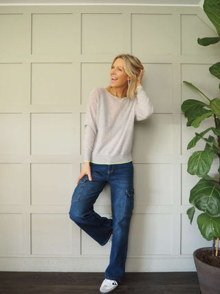 Diya Neon Trim Cashmere Mix Jumper - Bright Pink and Lime Green