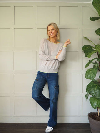 Diya Neon Trim Cashmere Mix Jumper - Bright Pink and Lime Green