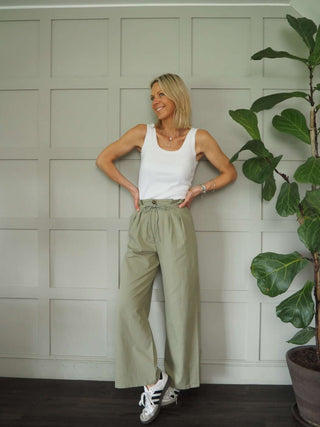 Hattie Wide Leg Trousers with Front Pleating Detail &amp; Pockets - Ecru, Khaki