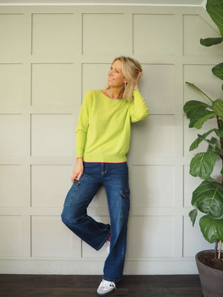 Diya Neon Trim Cashmere Mix Jumper - Bright Pink and Lime Green