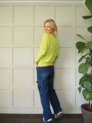 Diya Neon Trim Cashmere Mix Jumper - Bright Pink and Lime Green