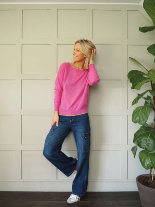 Diya Neon Trim Cashmere Mix Jumper - Bright Pink and Lime Green