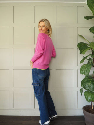 Diya Neon Trim Cashmere Mix Jumper - Bright Pink and Lime Green