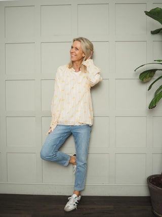 Beau Sheer Lightweight Blouse with Frill Detail, Bow &amp; Stripe Pattern - Orange, Pink