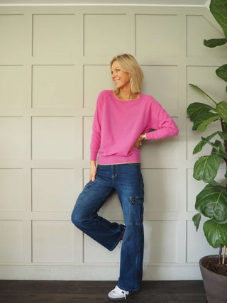 Diya Neon Trim Cashmere Mix Jumper - Bright Pink and Lime Green