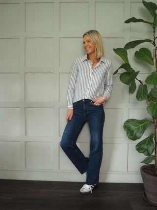 Lenah Long Sleeve Blouse - Denim Blue/Off White Stripes