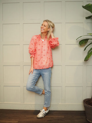 Beau Sheer Lightweight Blouse with Frill Detail, Bow &amp; Stripe Pattern - Orange, Pink