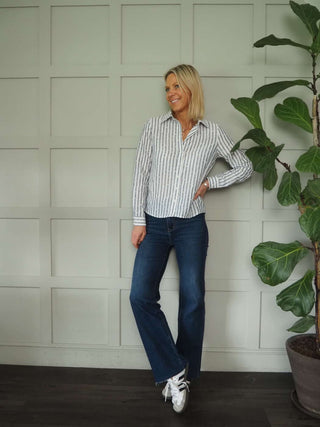 Lenah Long Sleeve Blouse - Denim Blue/Off White Stripes