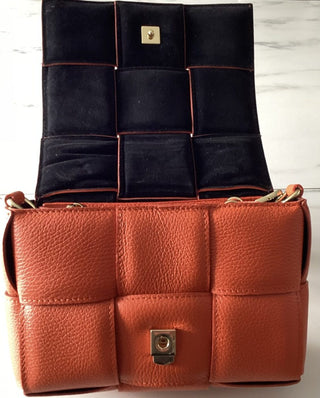 Jerry Leather Square Woven Design Bag with Gold Clasp Fastening - Black, Blue, Orange and Taupe