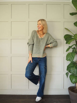 Lopez V-Neck Jumper with Multi Stitching - Dark Grey and Denim Blue