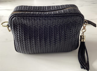 Kasey Leather Woven Bag with Tassels and Matching Strap - Black, Khaki and Taupe