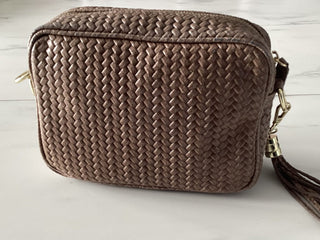 Kasey Leather Woven Bag with Tassels and Matching Strap - Black, Khaki and Taupe