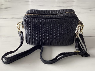 Kasey Leather Woven Bag with Tassels and Matching Strap - Black, Khaki and Taupe