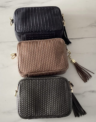 Kasey Leather Woven Bag with Tassels and Matching Strap - Black, Khaki and Taupe