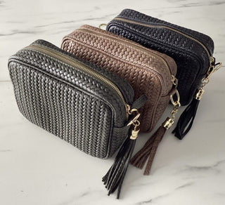 Kasey Leather Woven Bag with Tassels and Matching Strap - Black, Khaki and Taupe