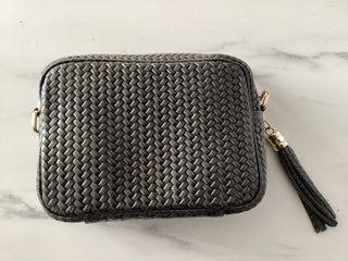 Kasey Leather Woven Bag with Tassels and Matching Strap - Black, Khaki and Taupe