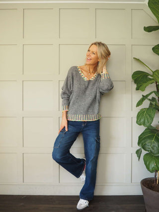 Lopez V-Neck Jumper with Multi Stitching - Dark Grey and Denim Blue